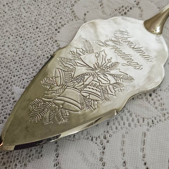 Christmas Greetings Silverplate Pie Server 11.5" ornate handle scrolls bells vtg - Picture 2 of 6